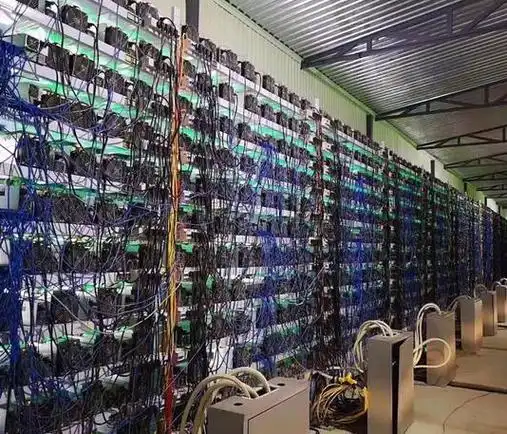 A modern mining farm with rows of servers.
